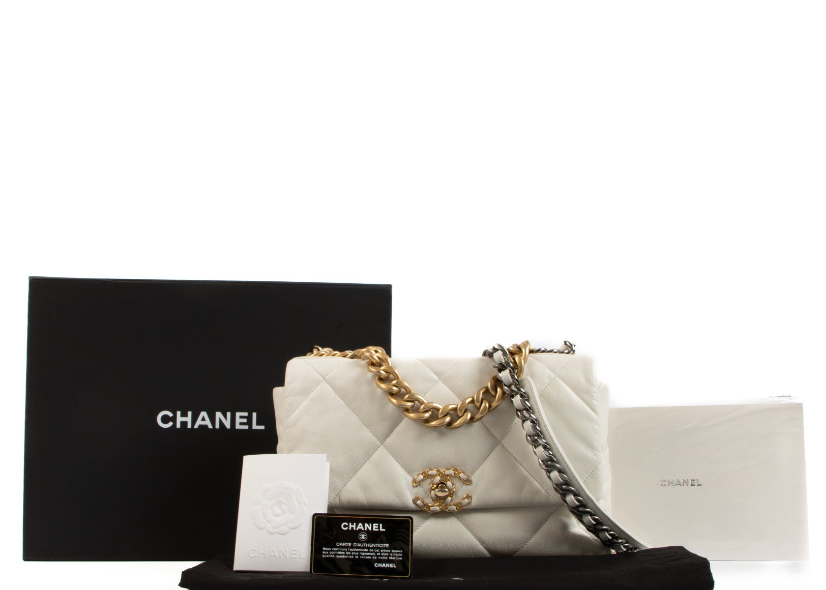 Sac Chanel 19 grand modèle en chèvre brillant blanc Chanel