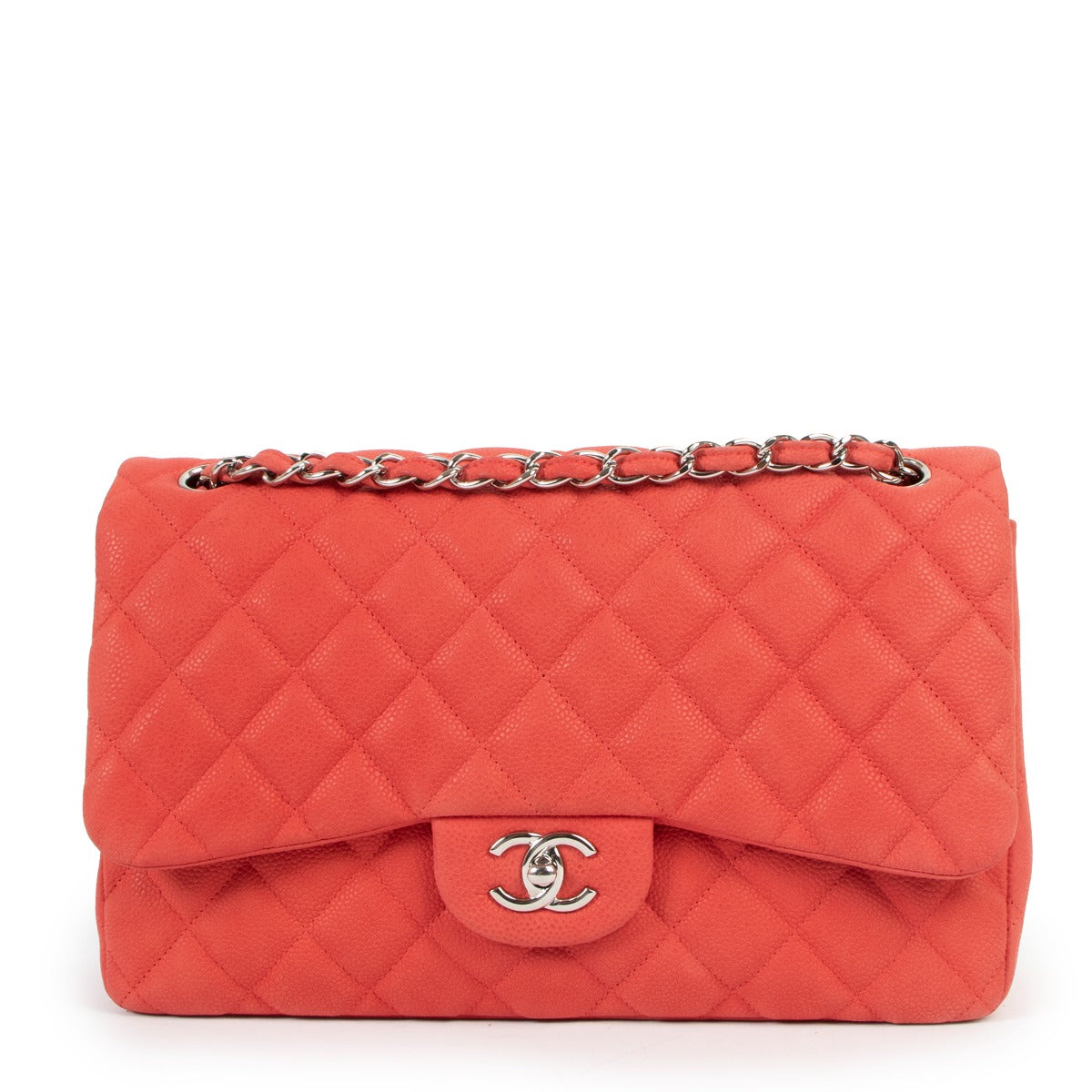 Grand sac Chanel Classic Flap en cuir caviar mat rose