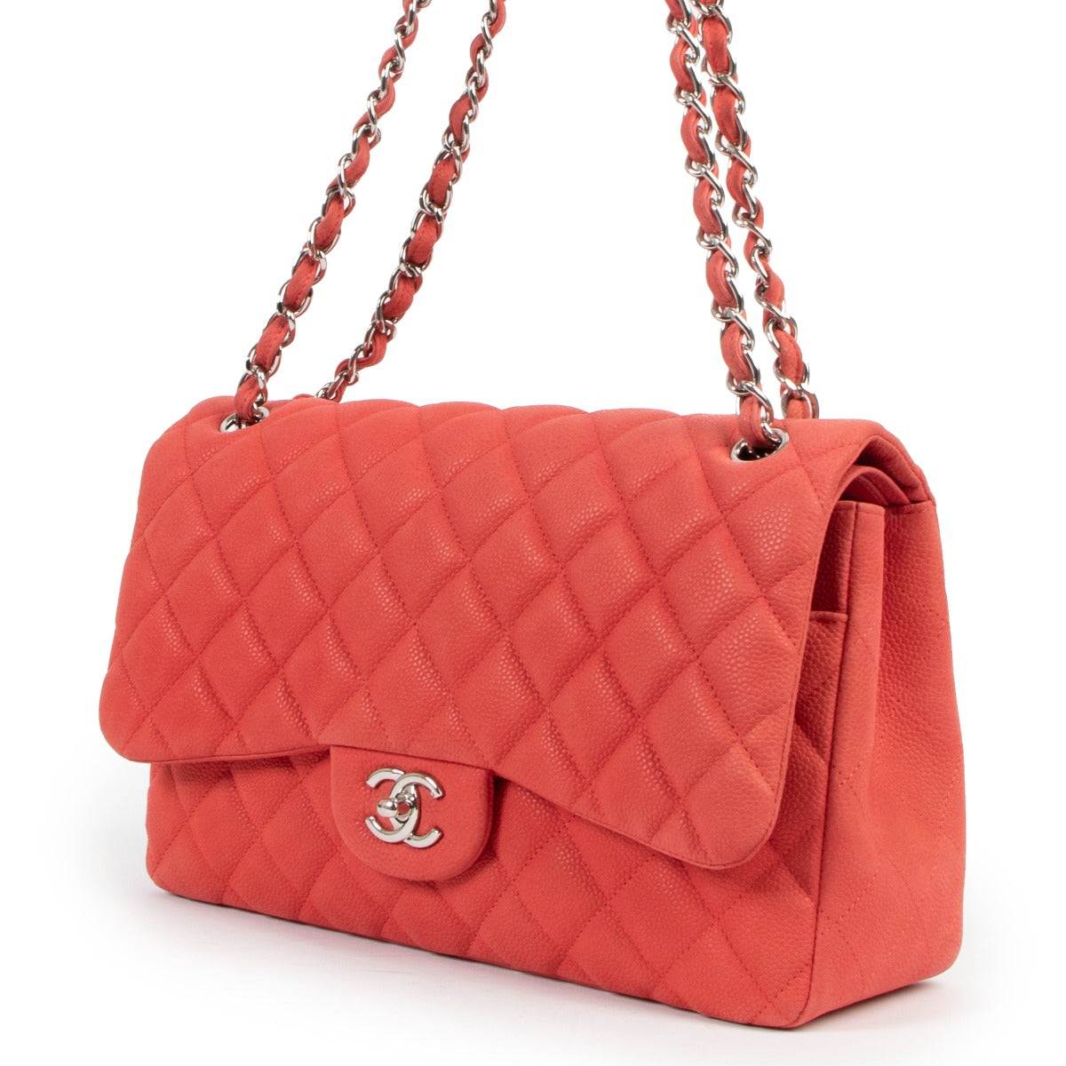 Grand sac Chanel Classic Flap en cuir caviar mat rose
