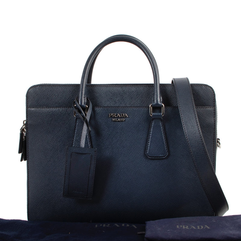 Shop safe online 100% authentic second hand Prada Blue Saffiano Leather Briefcase at labellov in Antwerp.