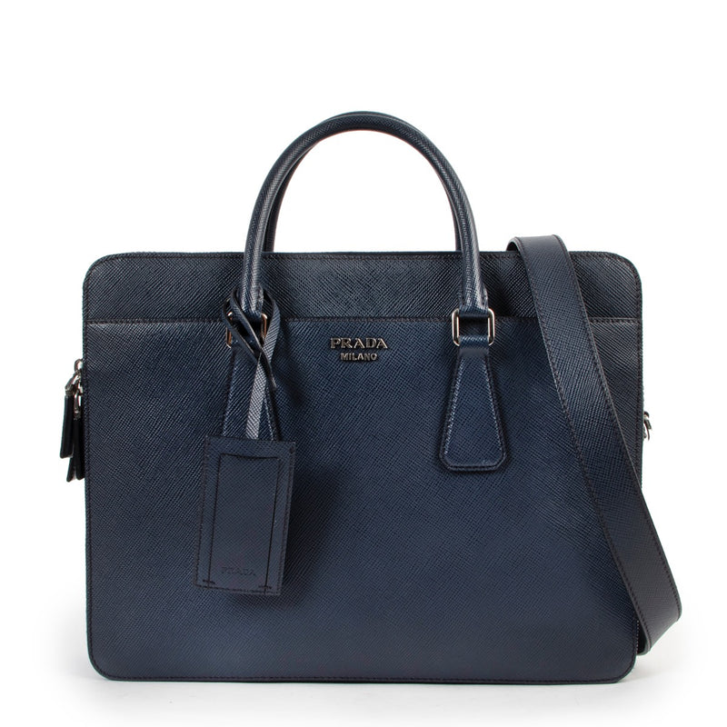 Shop safe online 100% authentic second hand Prada Blue Saffiano Leather Briefcase at labellov in Antwerp.