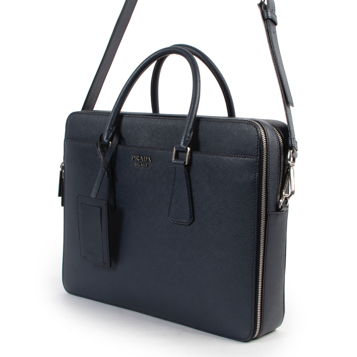 Shop safe online 100% authentic second hand Prada Blue Saffiano Leather Briefcase at labellov in Antwerp.