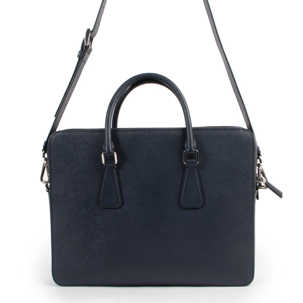 Shop safe online 100% authentic second hand Prada Blue Saffiano Leather Briefcase at labellov in Antwerp.