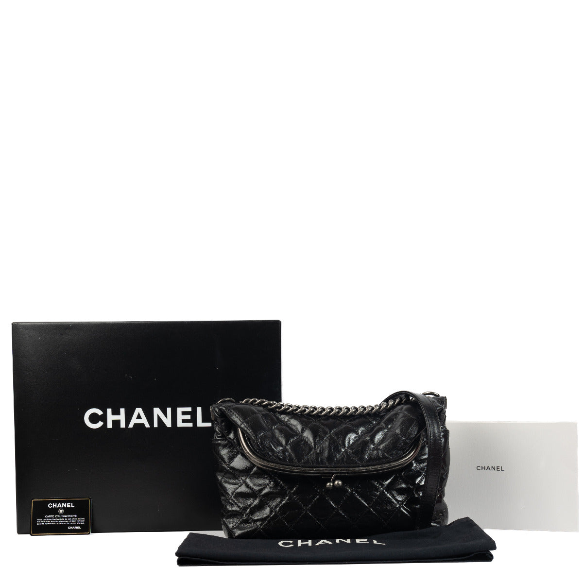Chanel Black Glazed Calfskin Leather Folding Crossbody Bag for the best price at Labellov secondhand luxury in Antwerp