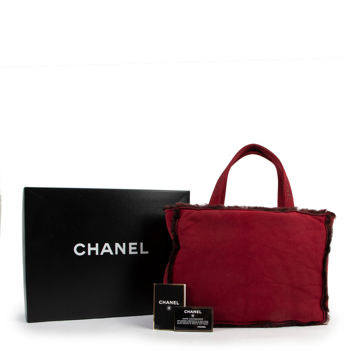 Chanel Red Suede Shearling Fur Tote Bag