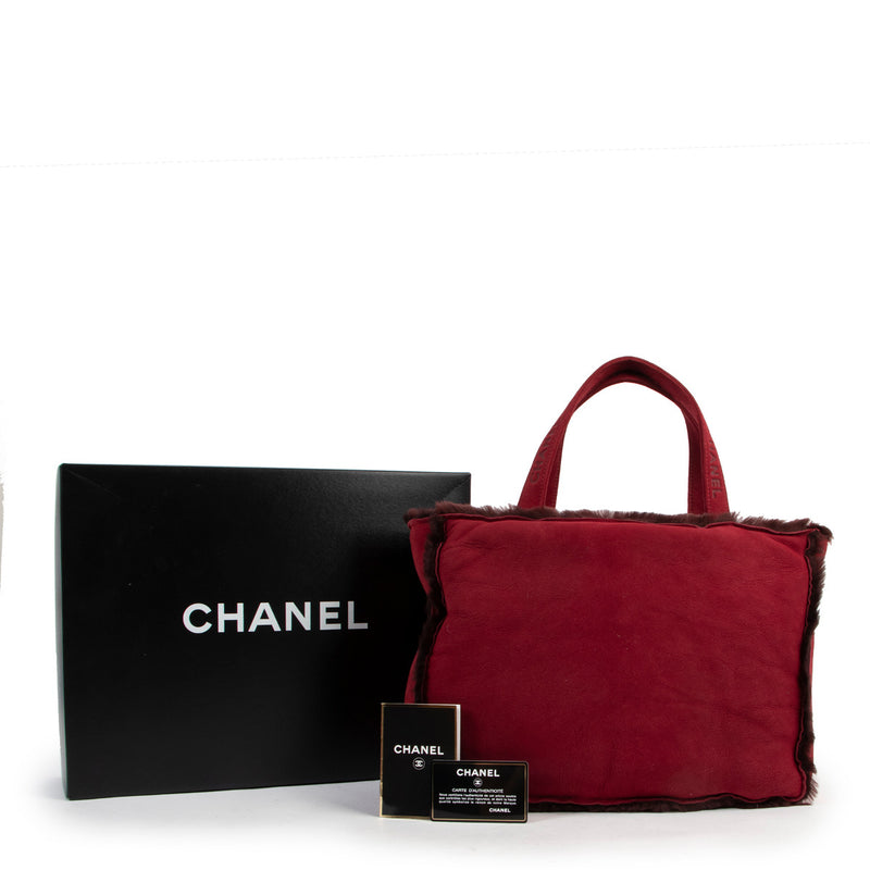 Chanel Red Suede Shearling Fur Tote Bag
