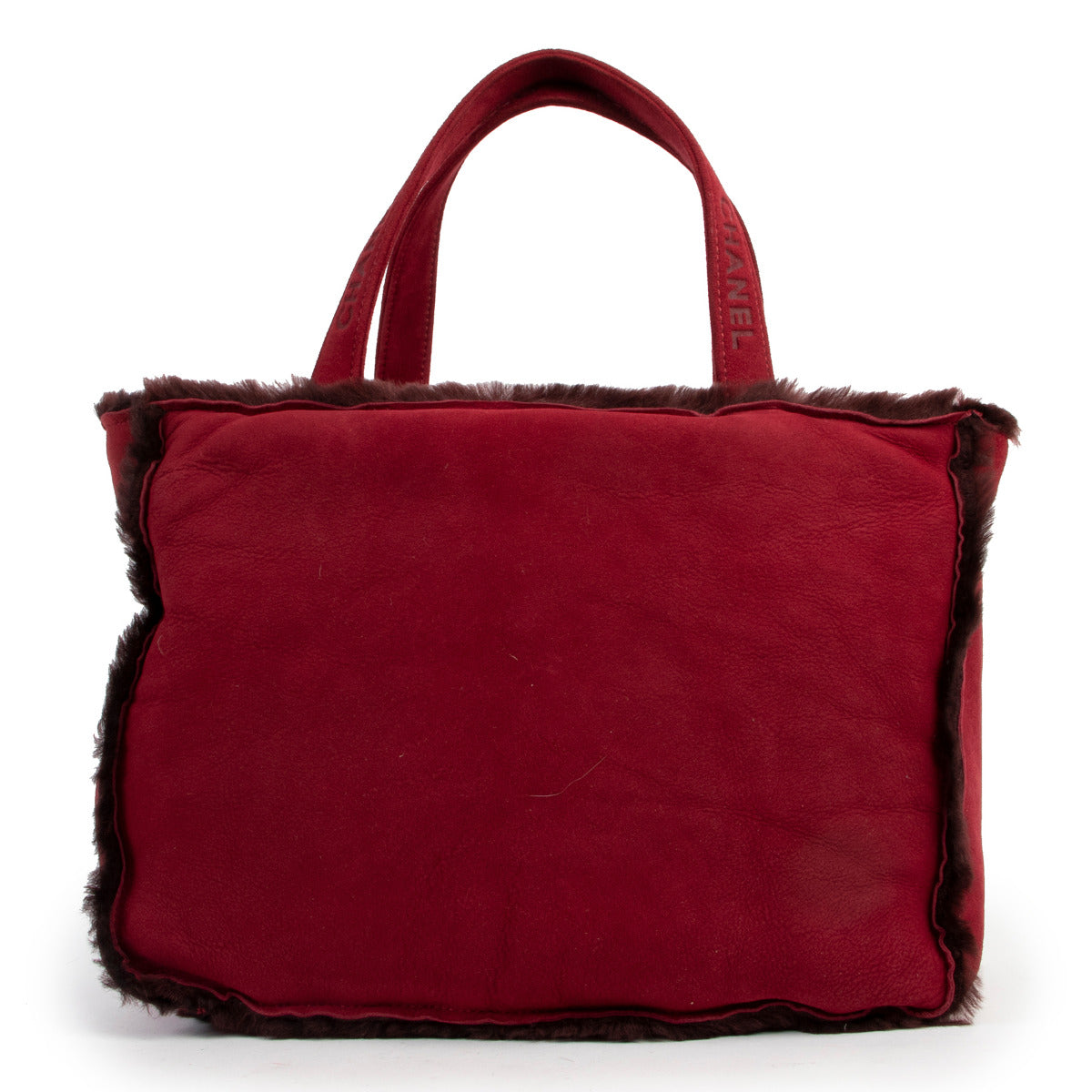 Chanel Red Suede Shearling Fur Tote Bag