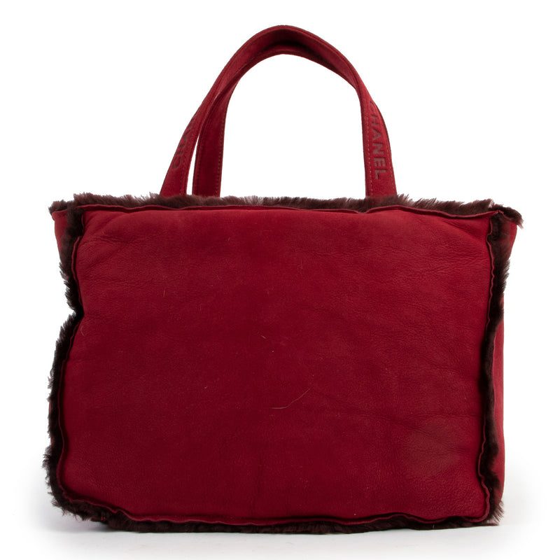 Chanel Red Suede Shearling Fur Tote Bag