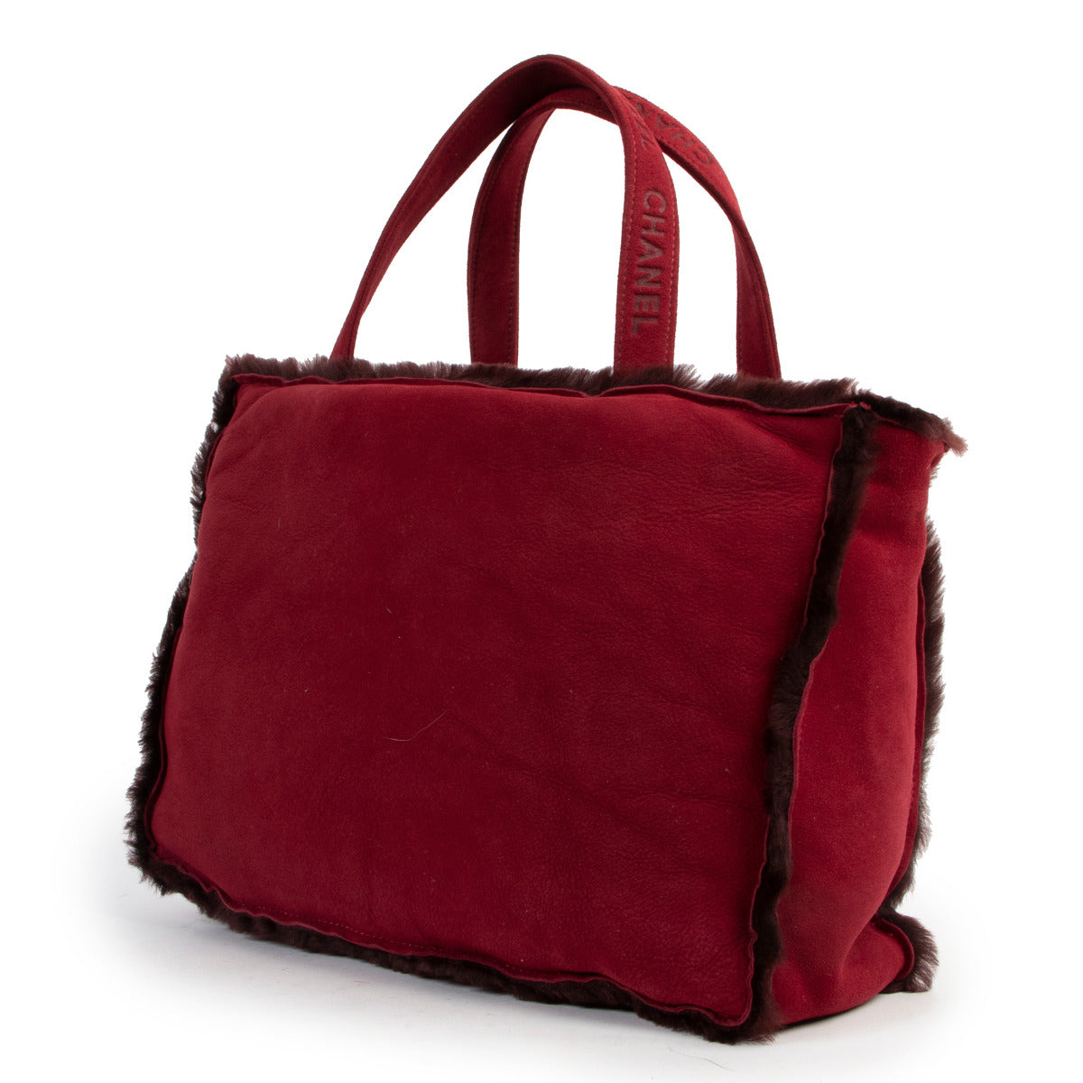 Sac cabas Chanel en daim rouge et fourrure de mouton retournée