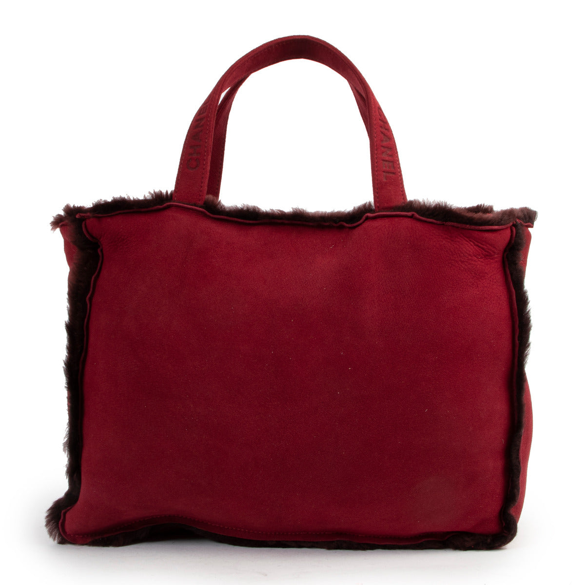 Sac cabas Chanel en daim rouge et fourrure de mouton retournée