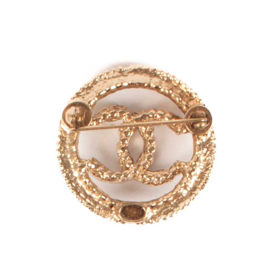 Chanel 2018 Gold Green Stone And Pearl CC Circle Brooch