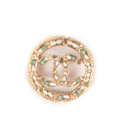 Chanel 18C Gold Green Stone And Pearl CC Circle Brooch