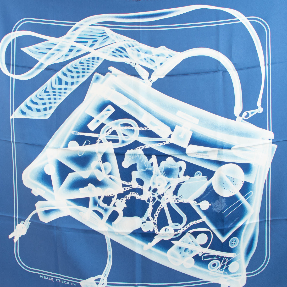 Hermès Blue Silk Please Check In Scarf for the best price at Labellov secondhand luxury in Antwerp