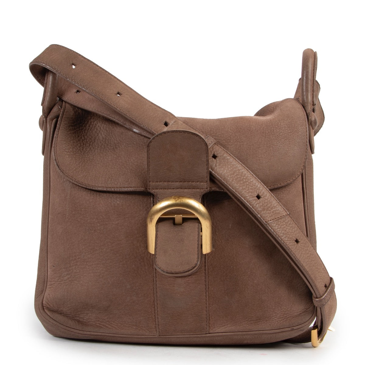 Shop safe online at Labellov in Antwerp this 100% authentic Delvaux Taupe Nubuck Brillant Baudrier Crossbody