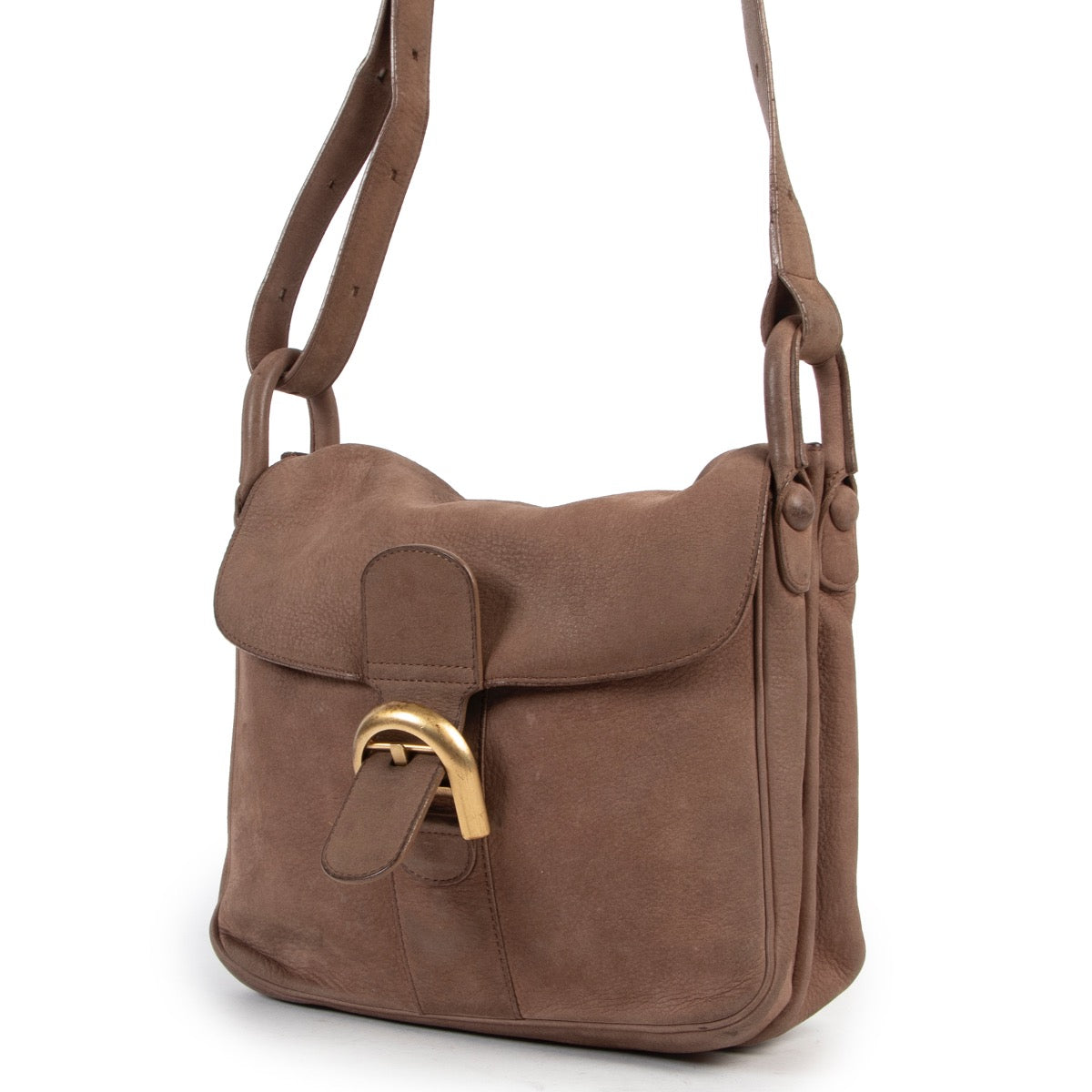 Shop safe online at Labellov in Antwerp this 100% authentic Delvaux Taupe Nubuck Brillant Baudrier Crossbody