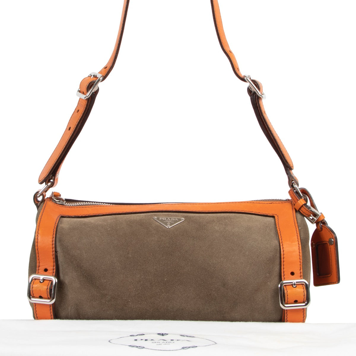 Shop safe online at Labellov in Antwerp this 100% authentic second hand Prada Green Nubuck Shoulder Bag