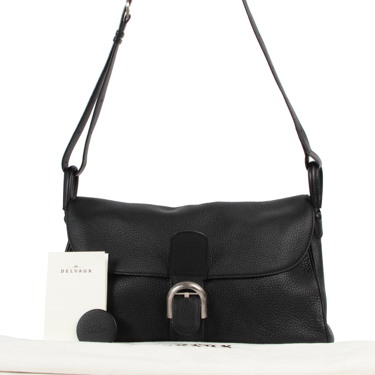 Shop safe online at Labellov in Antwerp this 100% authentic Delvaux Black Taurillon Crispé Leather Brillant Besace Shoulder Bag