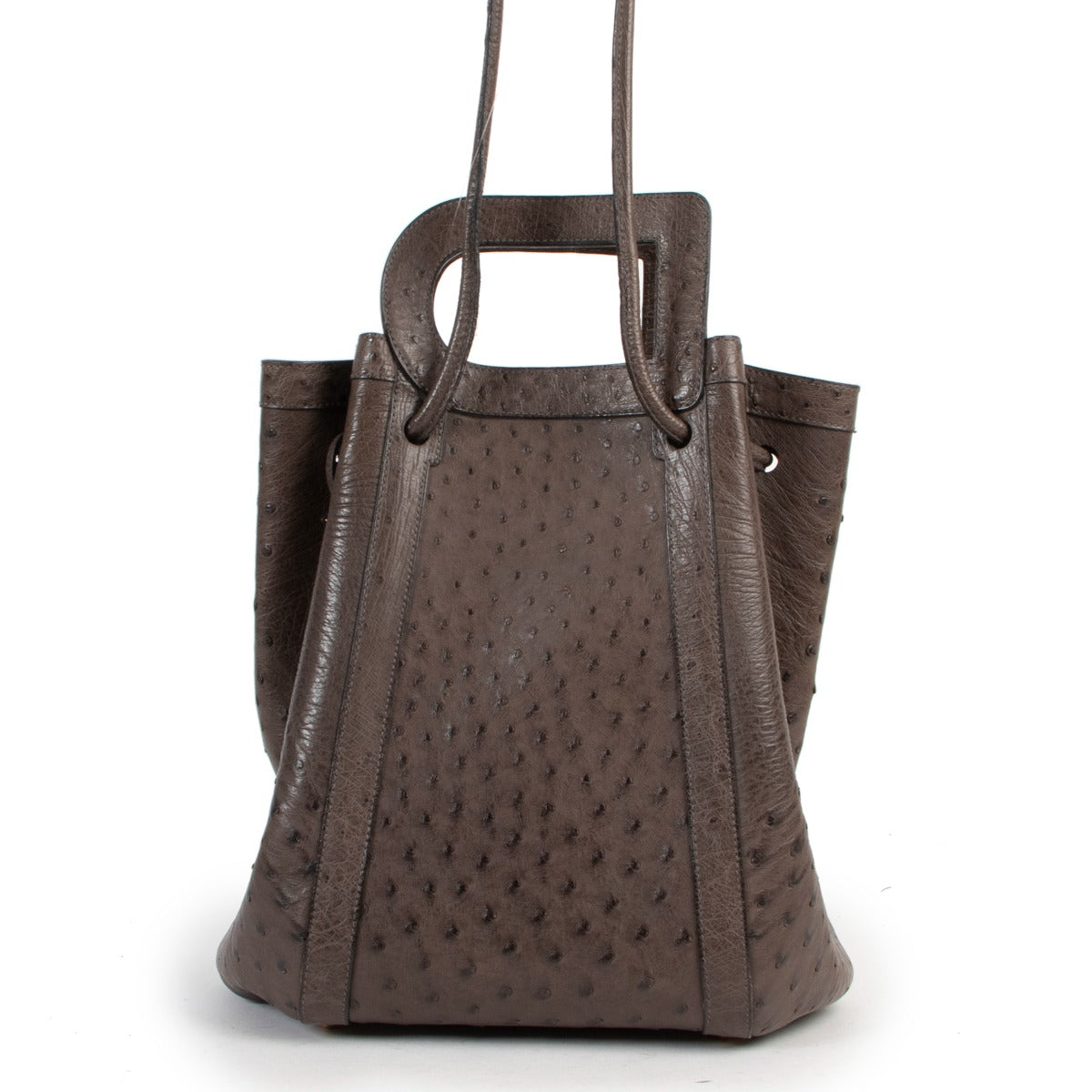 now available at Labellov Delvaux Taupe Punch Ostrich Shoulder Bag