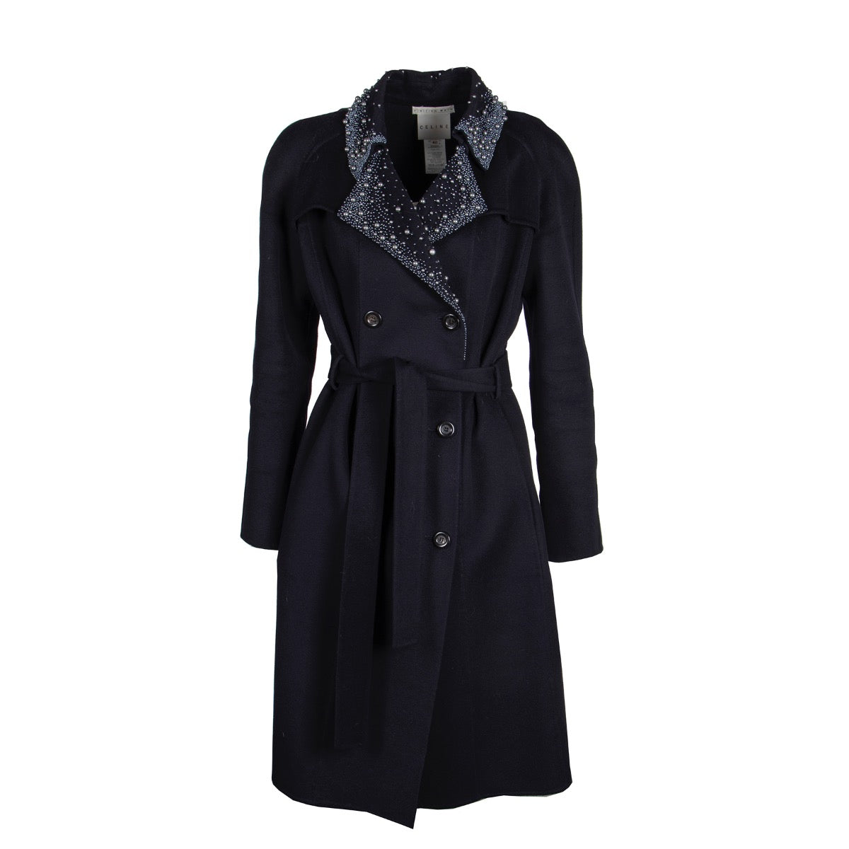 Shop safe online at Labellov in Antwerp this 100% authentic second hand Céline Blue Wool Pearl Coat - Size 40