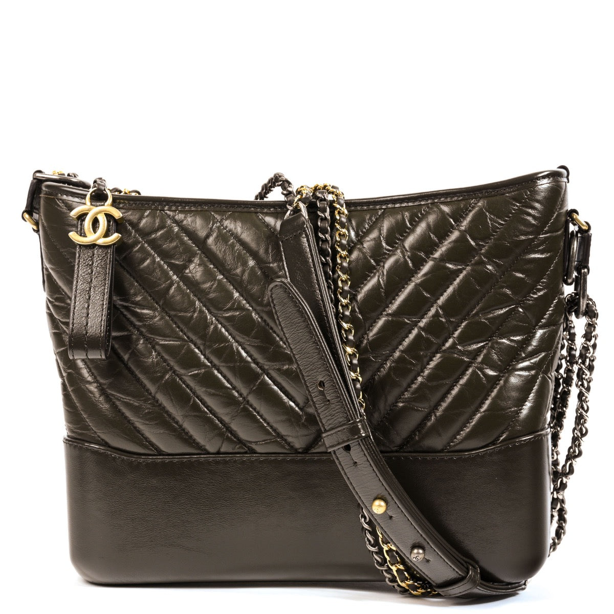 Authentic second hand Chanel Forest Green Chevron Gabrielle Large Hobo Bagon Labellov.com