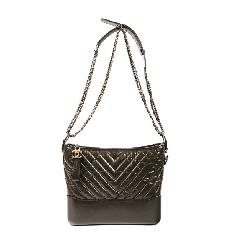 Authentic second hand Chanel Forest Green Chevron Gabrielle Large Hobo Bagon Labellov.com