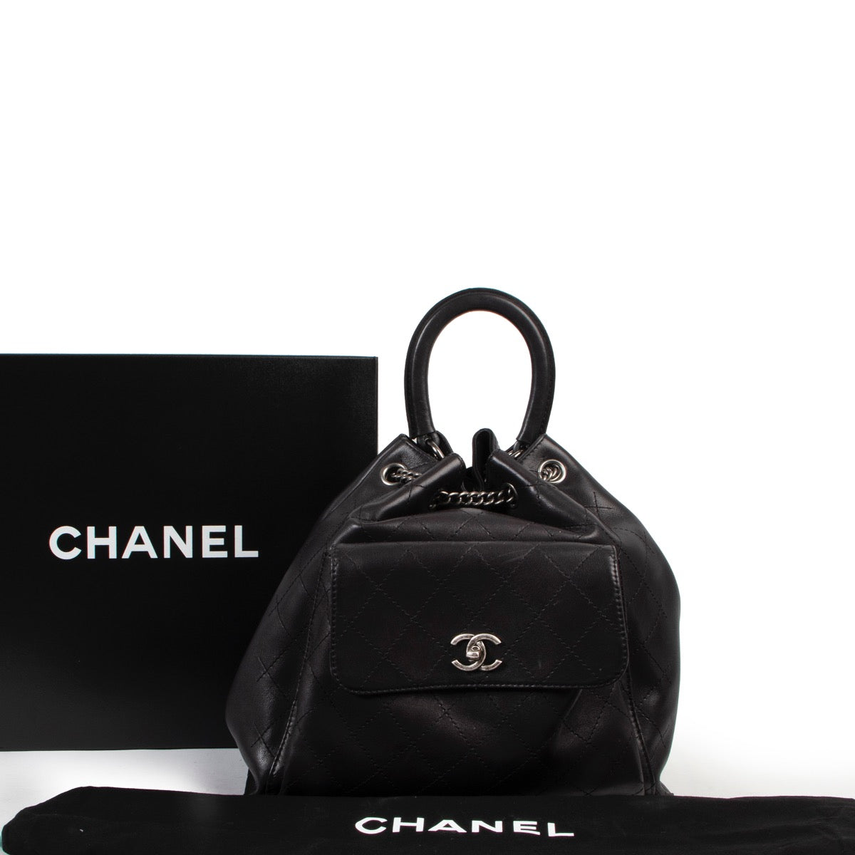 Shop safe online at Labellov in Antwerp this 100% authentic second hand Chanel Black Stitched Leather Urban Luxury Drawstring Backpack in as new condition.