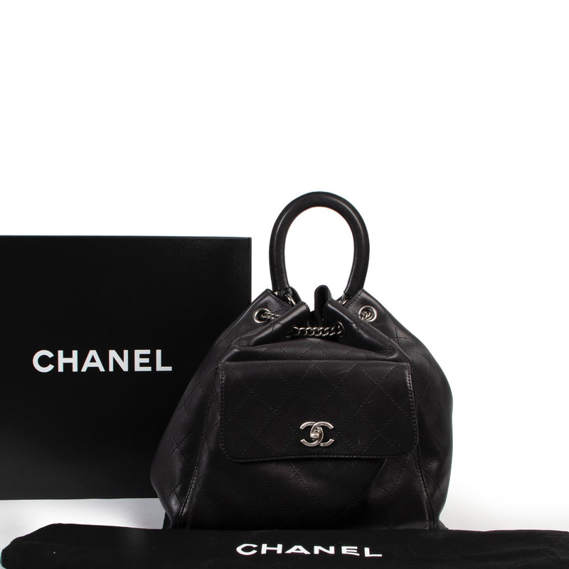 Shop safe online at Labellov in Antwerp this 100% authentic second hand Chanel Black Stitched Leather Urban Luxury Drawstring Backpack in as new condition.