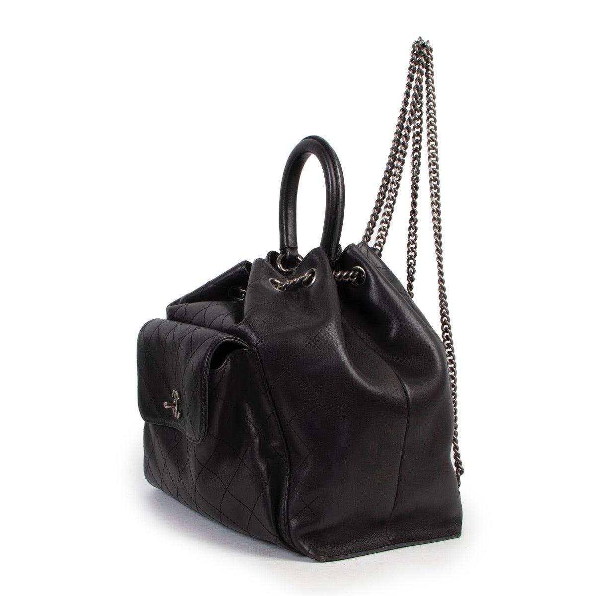 Shop safe online at Labellov in Antwerp this 100% authentic second hand Chanel Black Stitched Leather Urban Luxury Drawstring Backpack in as new condition.