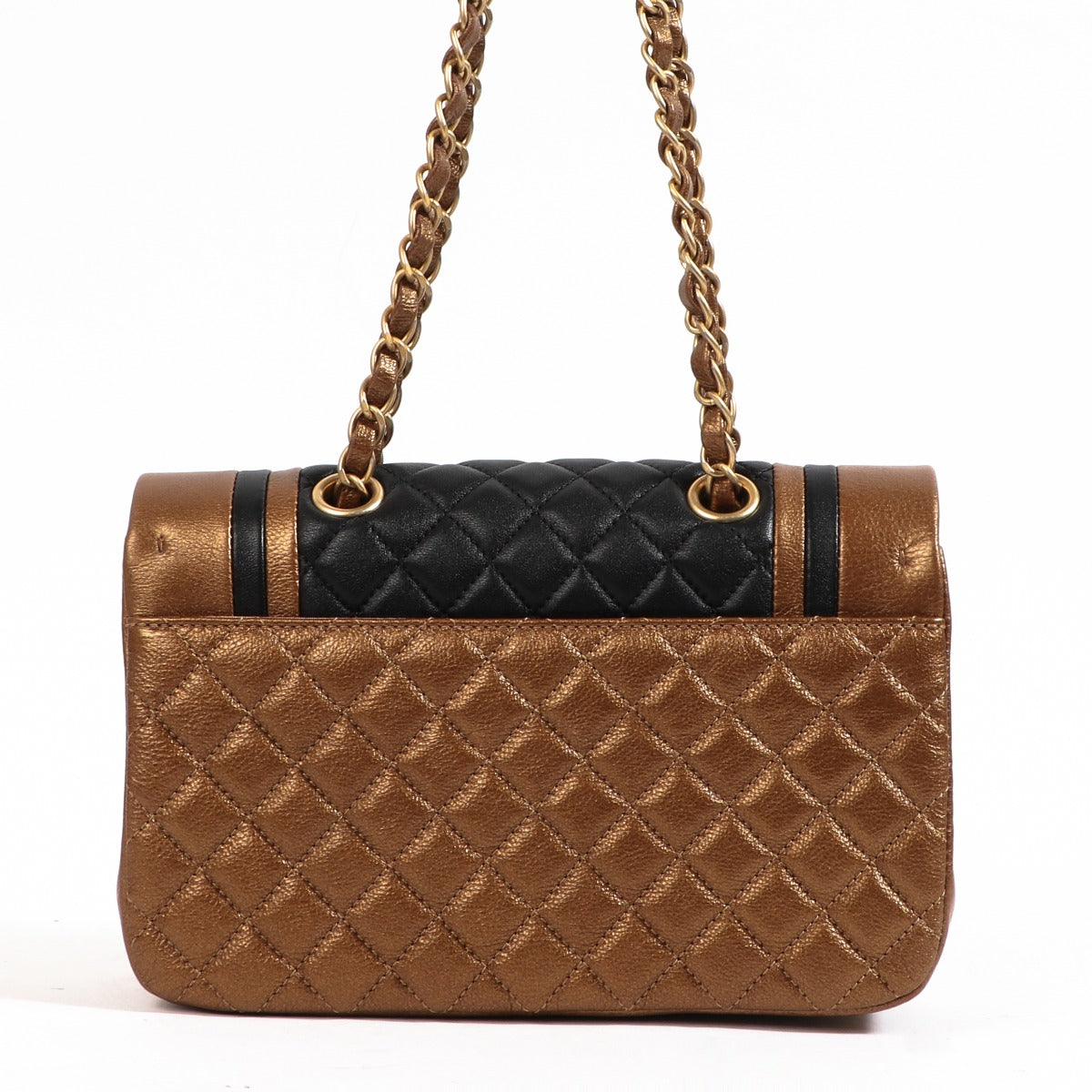 Sac à rabat classique petit modèle Chanel en cuir de veau bronze et noir