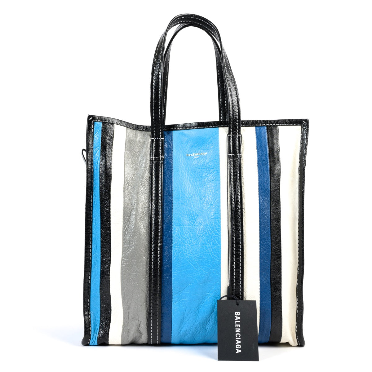 Shop safe online at Labellov in Antwerp this 100% authentic second hand Balenciaga Blue Stripe Bazar Tote Bag