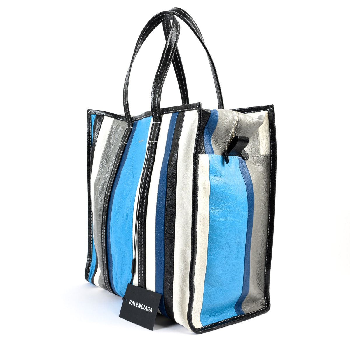 Shop safe online at Labellov in Antwerp this 100% authentic second hand Balenciaga Blue Stripe Bazar Tote Bag