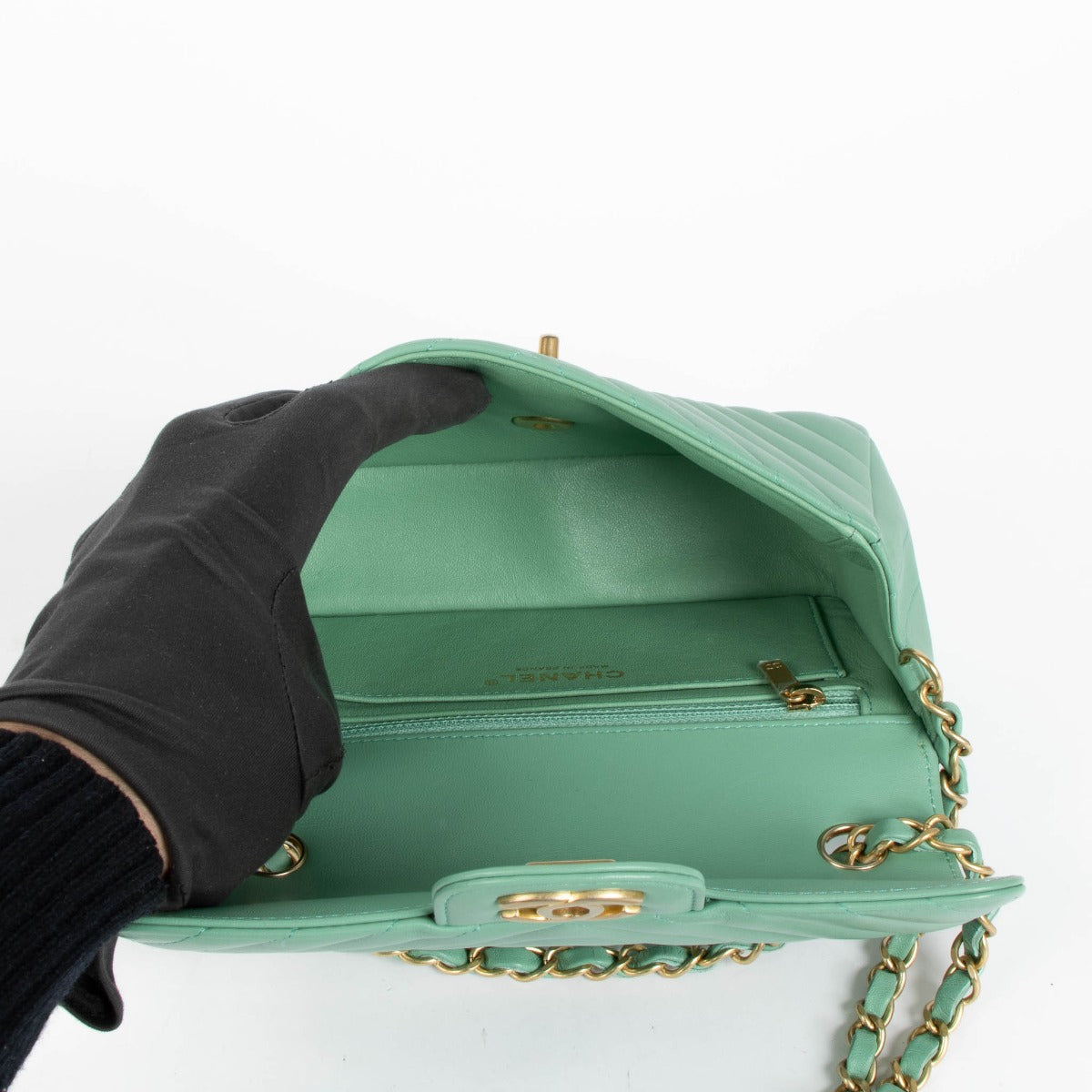 Chanel Mint Green Chevron Lambskin Mini Classic Handbag