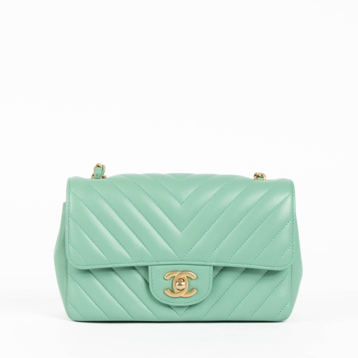 Chanel Mint Green Chevron Lambskin Mini Classic Handbag