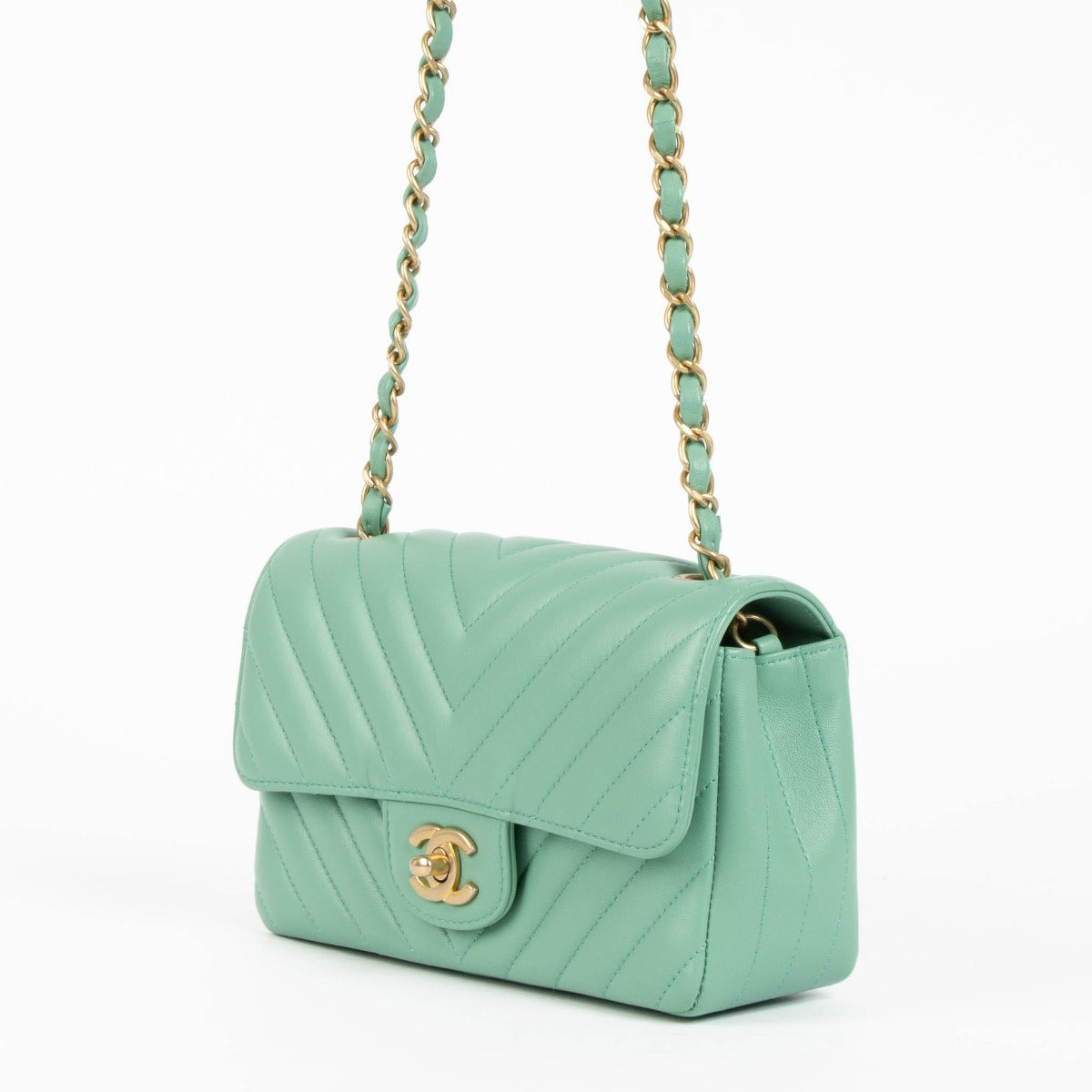 Chanel Mint Green Chevron Lambskin Mini Classic Handbag