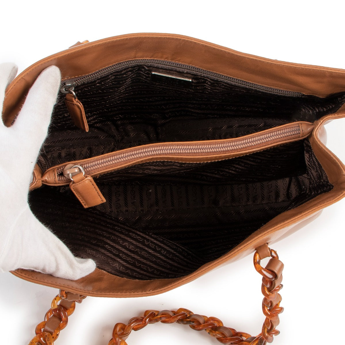 Shop authentic designer vintage Prada Tabacco Brown Bachelite Nappa Leather Shoulder Bag at Labellov.