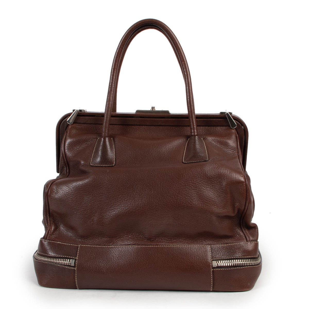 Shop safe online 100% authentic second hand Prada Brown Leather Cerniera Top Handle in very good condition.