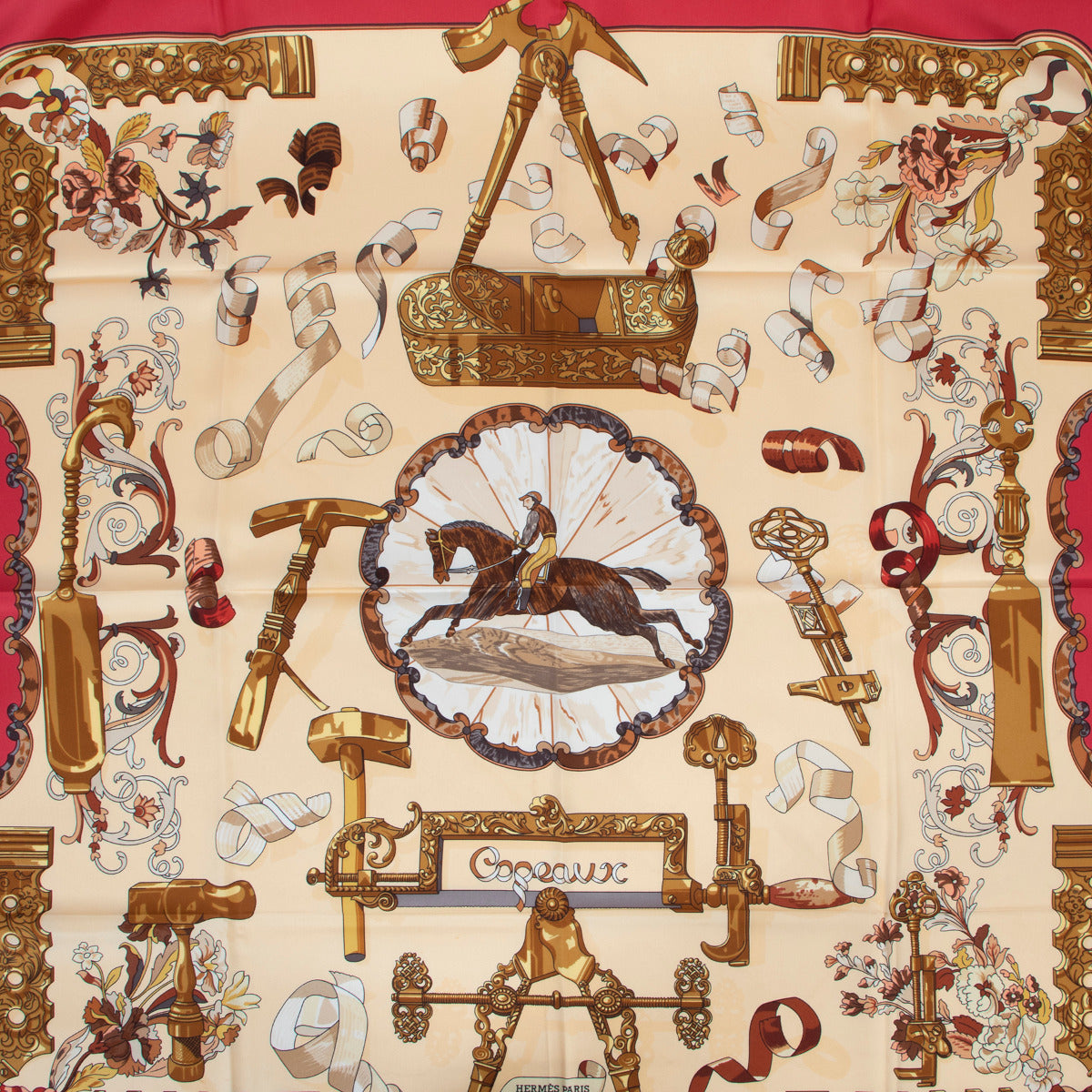 Hermès Red 'Cogueaux' Silk Carré en Soie Scarf