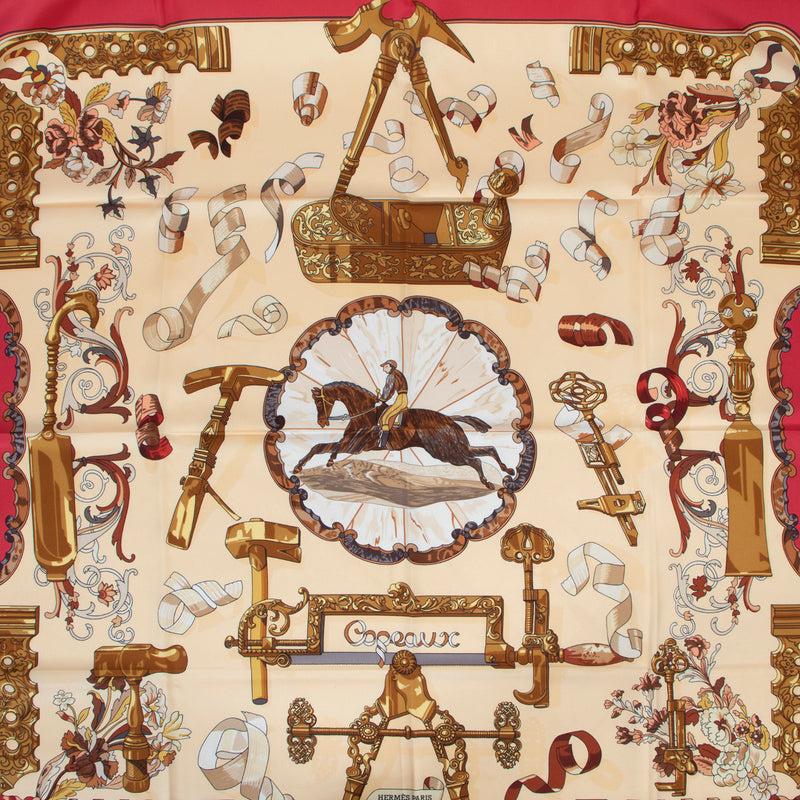 Hermès Red 'Cogueaux' Silk Carré en Soie Scarf