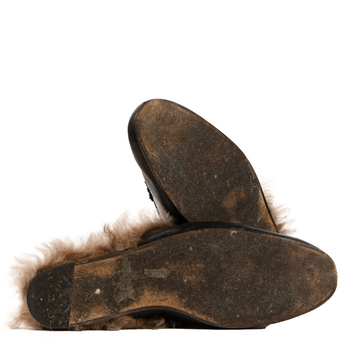 Mules Princetown Gucci en cuir noir avec broderies chat et fourrure - Taille 43