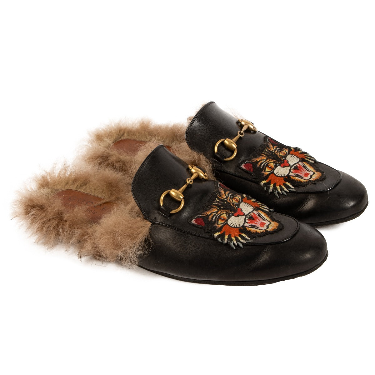 Gucci Black Leather Cat Princetown Fur Slippers