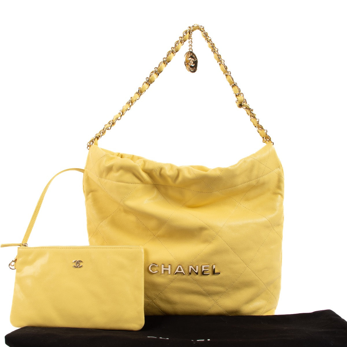 Shop safe online at Labellov in Antwerp, Brussels and Knokke this 100% authentic second hand Chanel Yellow 22 Small Bag