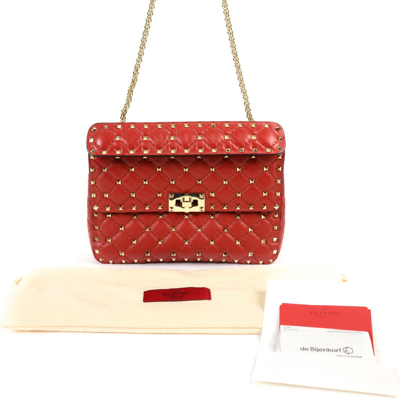 Shop safe online 100% authentic second hand Valentino Red Leather Medium Rockstud Spike Crossbody Bag in very good condition at Labellov in Antwerp.