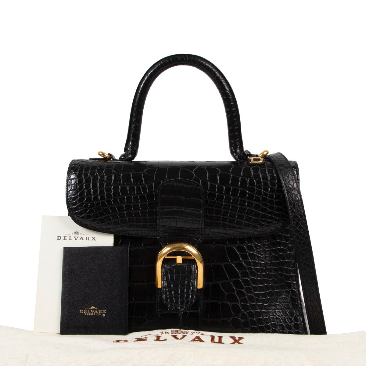 shop sac Delvaux Black MATTE Croco MM Brillant + Strap