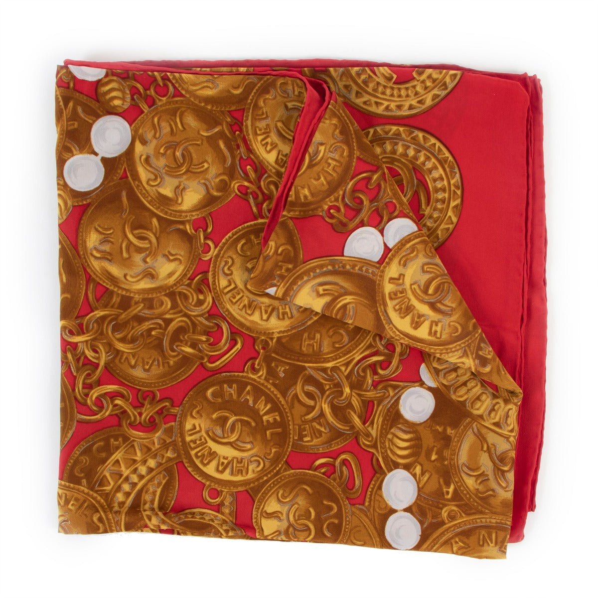 Chanel Gold Medallion Red XL Silk Scarf