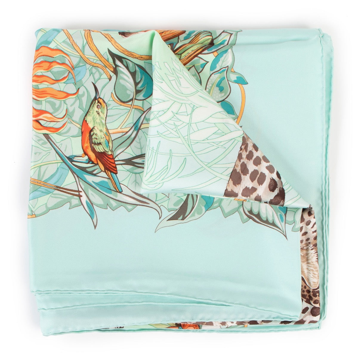 Buy online an authentic second hand Hermès Turquoise Jungle Love Carré 90 Silk Scarf in very good condition at Labellov in Antwerp.