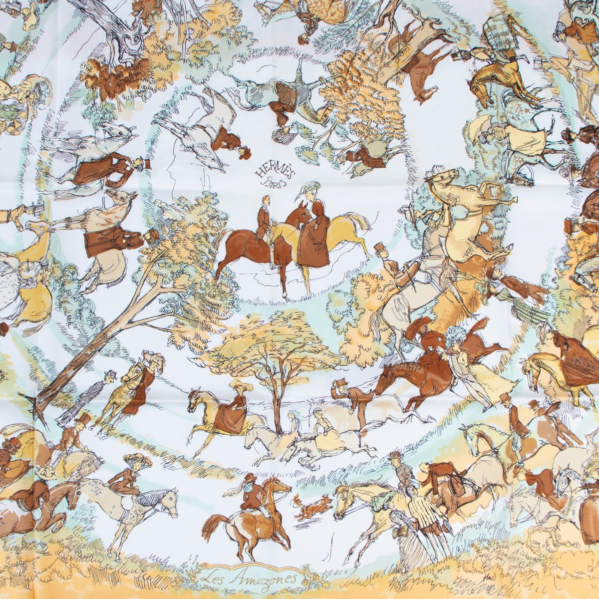 Buy an authentic second hand Hermès Les Amazones Carré 90 Silk Scarf in very good condition at Labellov