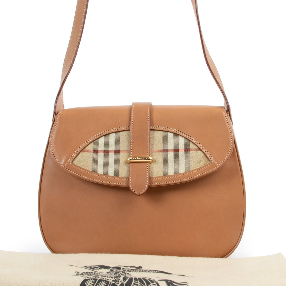 Shop authentic second hand luxury designer vintage Burberry Vintage Saddle Camel Check Crossbody Bag at Labellov