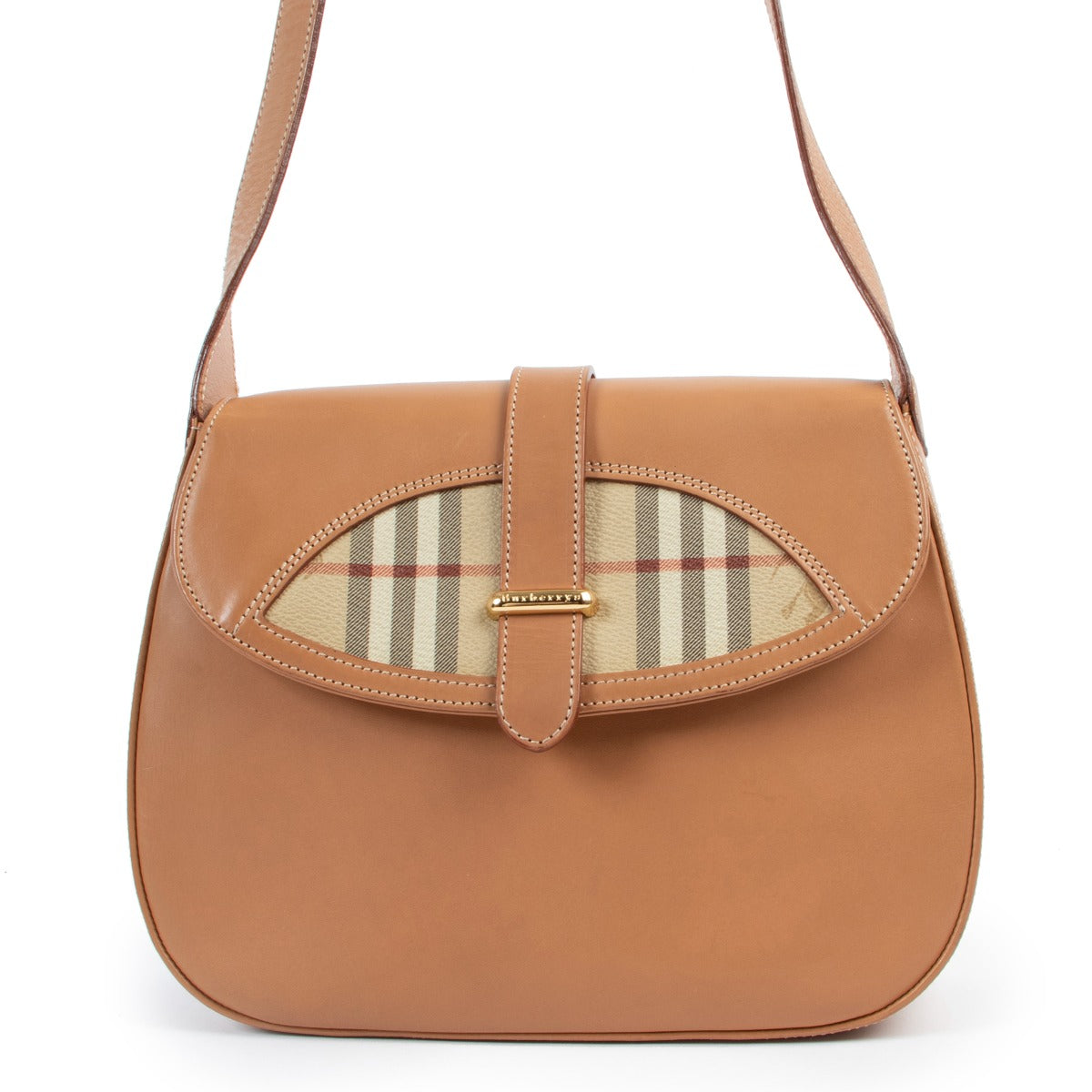 Shop authentic second hand luxury designer vintage Burberry Vintage Saddle Camel Check Crossbody Bag at Labellov