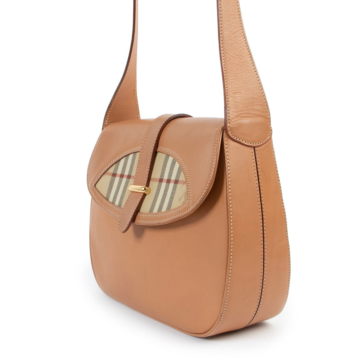 Shop authentic second hand luxury designer vintage Burberry Vintage Saddle Camel Check Crossbody Bag at Labellov