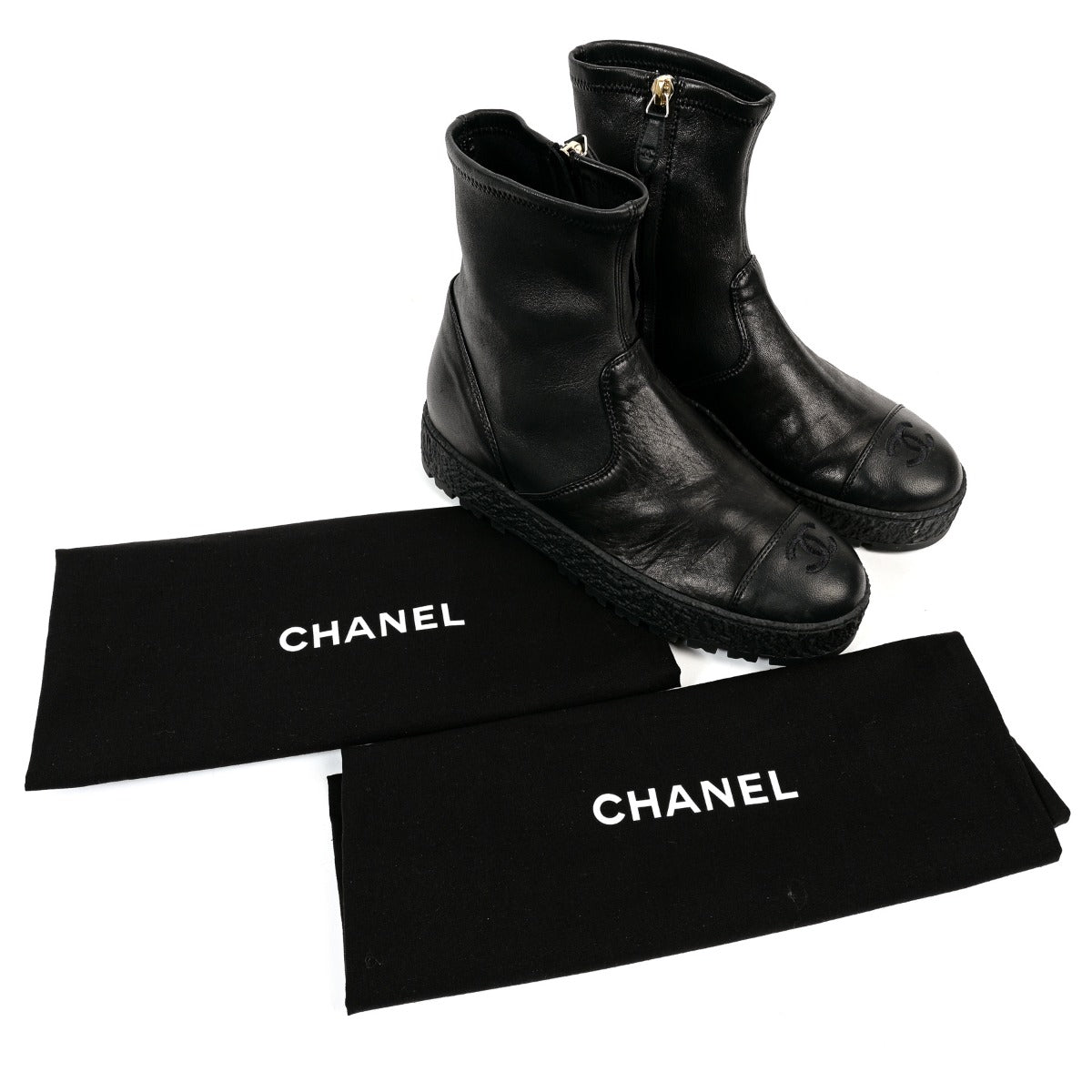 Chanel Black Stretchy Lambskin CC Ankle Boots